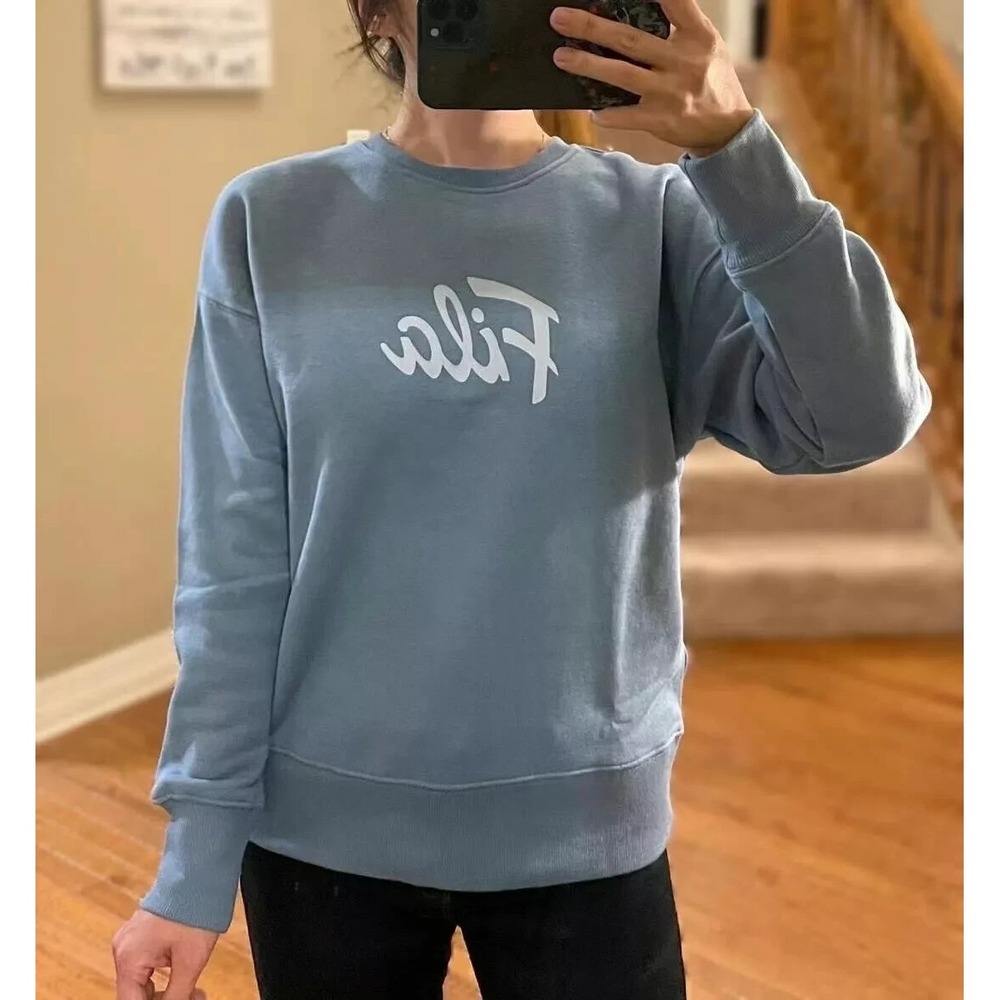 FILA Ladies' Logo Crew Neck Fleece Sweatshirt Spring lake Blue L Ribbed NWT